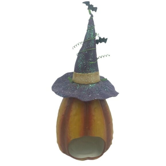 Halloween Jack-O-Lantern Pumpkin Tea Light Candle Holder Witch Hat Bats Ceramic - Picture 2 of 12